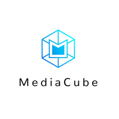 Hexagonal geometrical social network logo icon with letter M, simple lines.Honeycomb blue logotype, label, emblem, element for net web design