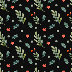 Christmas seamless background. Watercolor seamless pattern on a Christmas theme. Background with Christmas elements. 