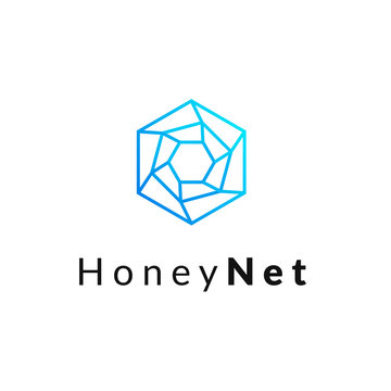 Hexagonal geometrical social network logo icon, simple lines.Honeycomb blue logotype, label, emblem, element for net web design