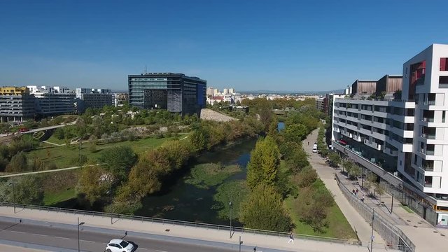 Town hall Montpellier administration building from an aerial view. Bridge and cityscape