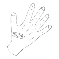 Naklejka premium Hand with a plaster icon. Vector illustration of a human hand with a plaster. Hand drawn doodle hand with a medical plaster.