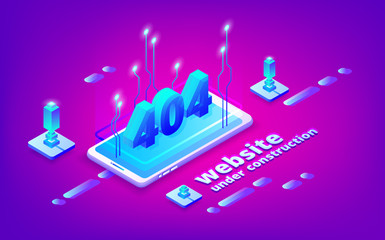 404 error web page vector illustration for site under construction template. Internet technology design with smartphone connection on purple ultraviolet background