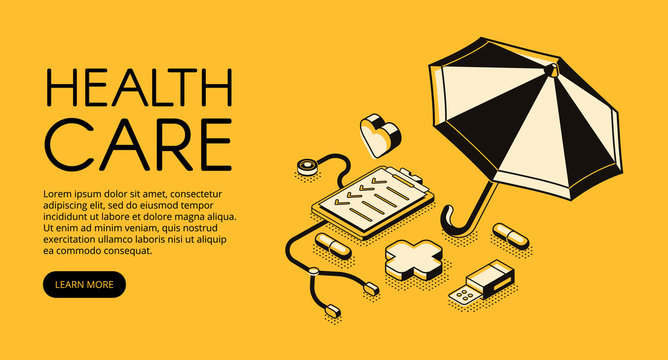 Healthcare Medical Vector Illustration For Clinic Or Hospital Service. Doctor Stethoscope, Medicine Pills And Pharmacy Cross In Isometric Black Thin Line Design On Yellow Halftone Background