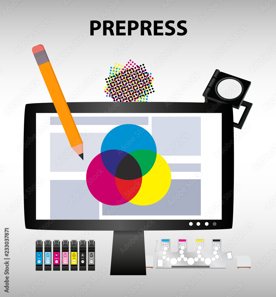 Fototapete Vector illustration of prepress or graphic design concept. Computer lcd monitor with elements of graphic arts, printing and design. Illustration is suitable for an article about printing or graphic.