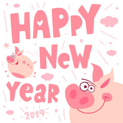 Cute cartoon piggy flying character, funny, smile, nose, heart, piglet, pink. Greeting cards, lettering, asian symbol mascot Year of Pig Design Chinese New Year 2019. Hand drawn vector