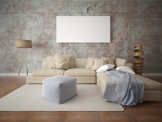 Mock up classy living room with beige corner sofa and stylish hipster backdrop.