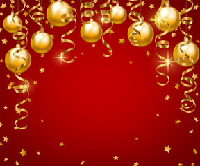 Christmas baubles and golden serpentine streamers. Christmas card