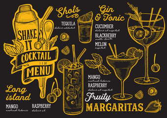 Cocktail drink menu template for restaurant with doodle hand-drawn graphic.
