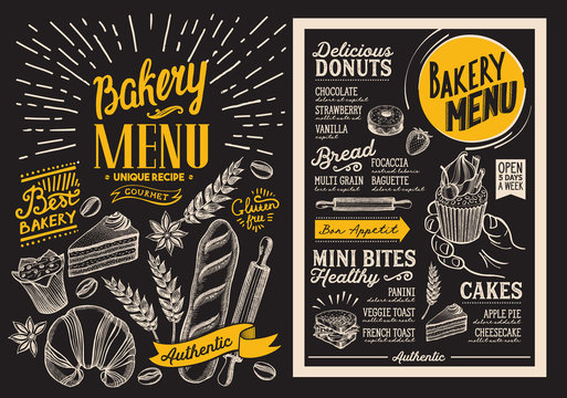 Bakery dessert menu for restaurant. Design template on chalkboard background with food hand-drawn graphic illustrations. Vector food flyer for bar and cafe.