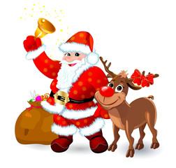 Santa with bell and reindeer. Santa and deer on white background