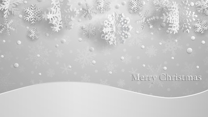 Christmas illustration with white three-dimensional paper snowflakes on light gray background with snowdrifts