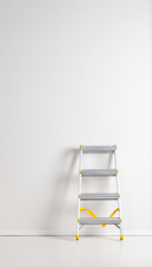 Single aluminum folding metal step ladder leaning against white plaster wall © Shawn Hempel