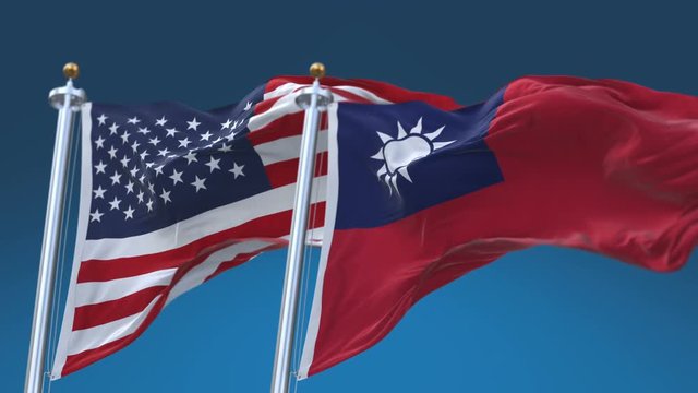 4k Seamless United States of America And Taiwan Flags with blue sky background,A fully digital rendering,The flag 3D animation loops at 20 seconds,USA TWN.