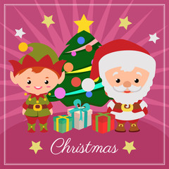cute christmas card with santa and elf christmas tree