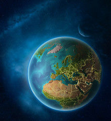 Planet Earth with highlighted Slovenia in space with Moon and Milky Way. Visible city lights and country borders.
