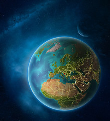 Planet Earth with highlighted Bosnia and Herzegovina in space with Moon and Milky Way. Visible city lights and country borders.