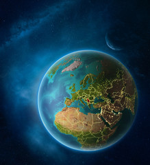 Planet Earth with highlighted Serbia in space with Moon and Milky Way. Visible city lights and country borders.