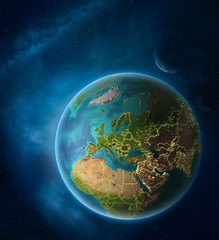 Planet Earth with highlighted Moldova in space with Moon and Milky Way. Visible city lights and country borders.