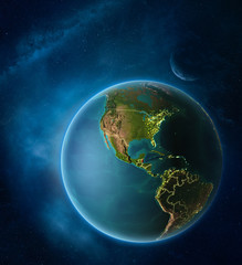 Planet Earth with highlighted Belize in space with Moon and Milky Way. Visible city lights and country borders.