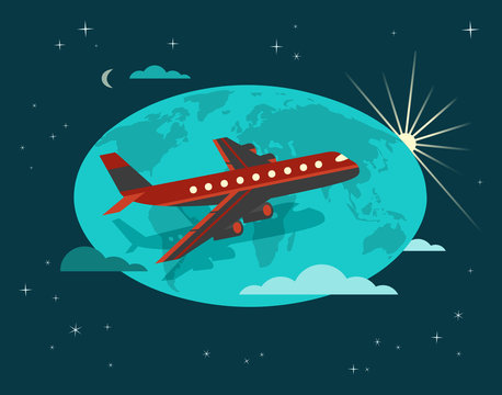 Travel concept. Around the world travelling by airplane flight. Aircraft touring poster. Flat cartoon minimal style in retro color.Tourist tour by air vacation. Vector tripping advertising background