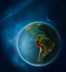 Planet Earth with highlighted Peru in space with Moon and Milky Way. Visible city lights and country borders.