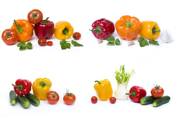 Peppers with cucumbers and tomatoes on a white background. Cabbage with cucumbers and mushrooms on a white background. Fresh vegetables in a group on an isolated background.