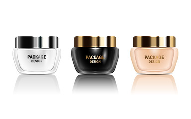 Vector 3d set isolated mockup glossy realistic jar containers for packing cream, shampoo, cosmetics products. White, black, pink bottles design for ads, banners, magazine page, illustration.