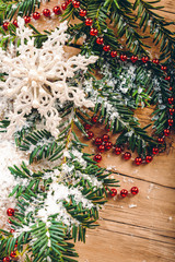 Christmas background, fir branches, snow, festive decor, snowflake