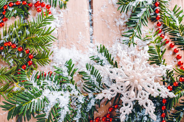 Christmas background, fir branches, snow, festive decor, snowflake