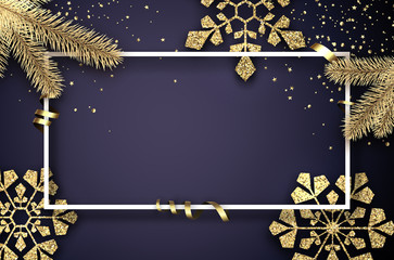 Christmas and New Year poster with frame, fir branches and golden shiny snowflakes.