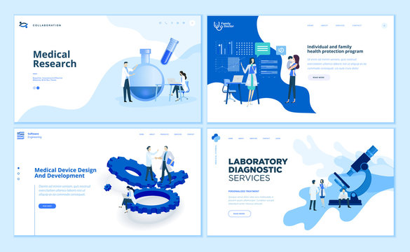 Web page design templates collection of medical research, laboratory diagnostic, medical device development, family health protection program. Vector illustration concepts for website development.