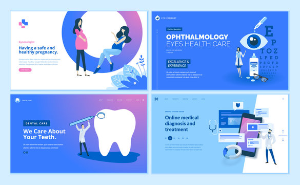 Web page design templates collection of gynecology , ophthalmology, dental care, online medical diagnosis and treatment. Modern vector illustration concepts for website and mobile website development.