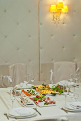 delicious dishes on the table in the restaurant. serving table.
