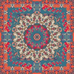 Festive square carpet in ethnic indian style with mandala, flowers and red ornamental frame.
