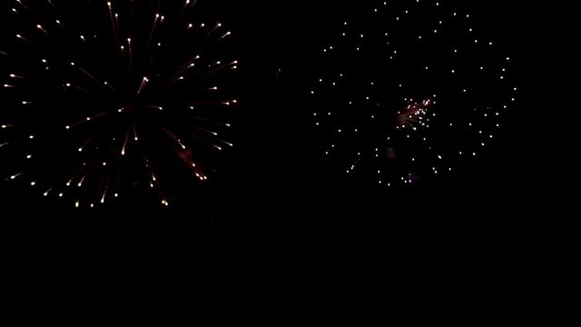 Bright colorful fireworks turn to multicolor bokeh lights at holiday dark summer night.