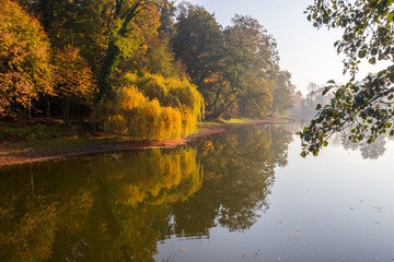 reflections in the water of colorful autumn trees
