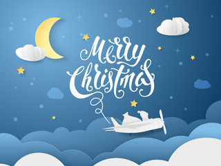 Obraz na płótnie Canvas Vector night scene with text Merry Christmas and realistic paper airplane with Santa Claus and bag of gifts. Festive blue background with 3D cloud, stars and moon for holiday banner in paper cut style