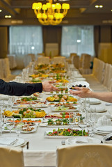 delicious dishes on the table in the restaurant. serving table.