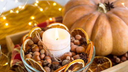 White burning candle in a glass bowl with hazelnuts, star anise and dried oranges on a wooden tray next to a pumpkin. Home Autumn Concept Decor