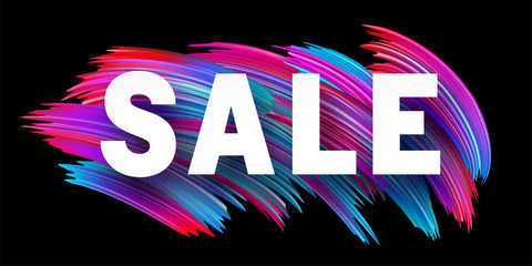 Sale promo sign or poster with colorful brush strokes on black.