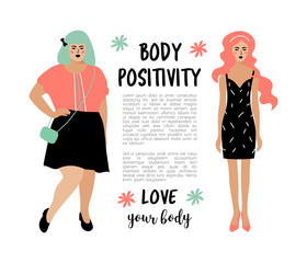 Body Positive card. Model plus size woman and skinny girl, place for text. Bodypositive poster. Vector flat illustration