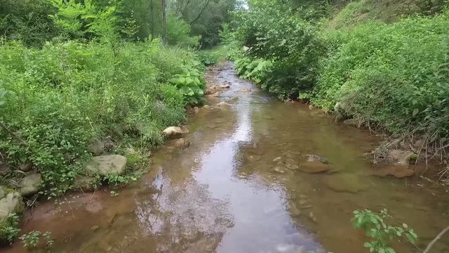 Drone Flying Low Over A Small River Forest 