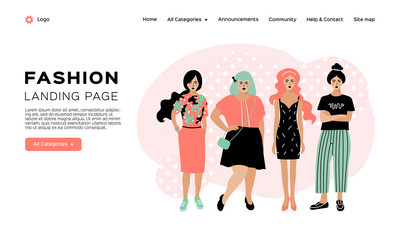 Fashion landing page, Clothing store web template. Four young stylish women. Vector flat illustration