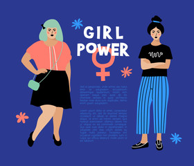 Girl Power card, Feminist flyer Anti-discrimination poster. Stylish young women on dark blue background, place for text. Hipster characters, Vector flat illustration