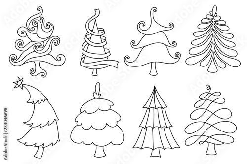 &quot;Set of doodle Christmas trees. Hand-drawn Christmas tree in various