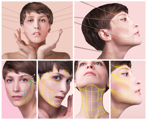 The young female face. Antiaging and thread lifting concept. Collage. Portrait of young caucasian...