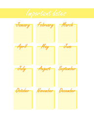 Universal yellow stylish calendar of important dates. isolated calendar with birthdays and other events in a minimalist form.