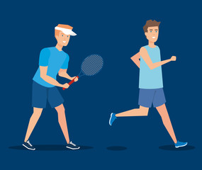 men practicing tennis and running sport