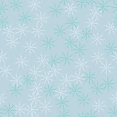 Winter seamless pattern with chaotic snowflakes in different shades of blue color