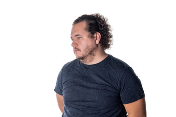 Obraz premium Portrait of sad thoughtful man isolated over white background. Looking aside.